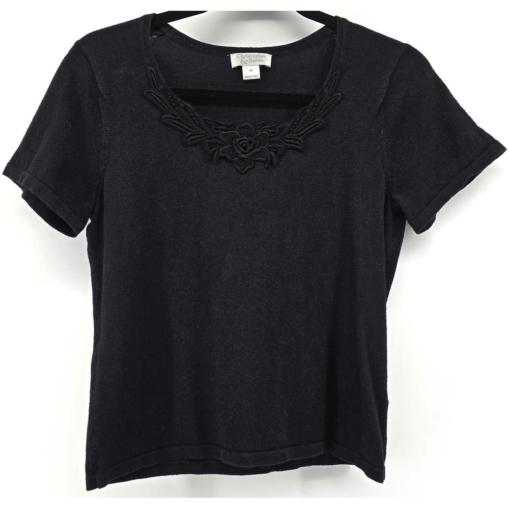 Vtg Christopher Banks Sweater Top Sz M Black Lace Trim Whimsigoth Fairy Boho Y2K